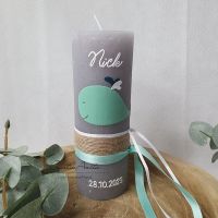 Taufkerze Rustikkerze Wal -minimalistisch- verziert Mint-Weiß